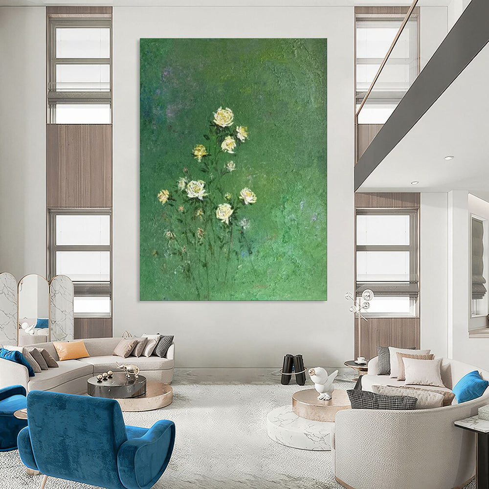 “Yellow Flowers on Green Background” - Impressionistic Floral Oil Painting CT1978