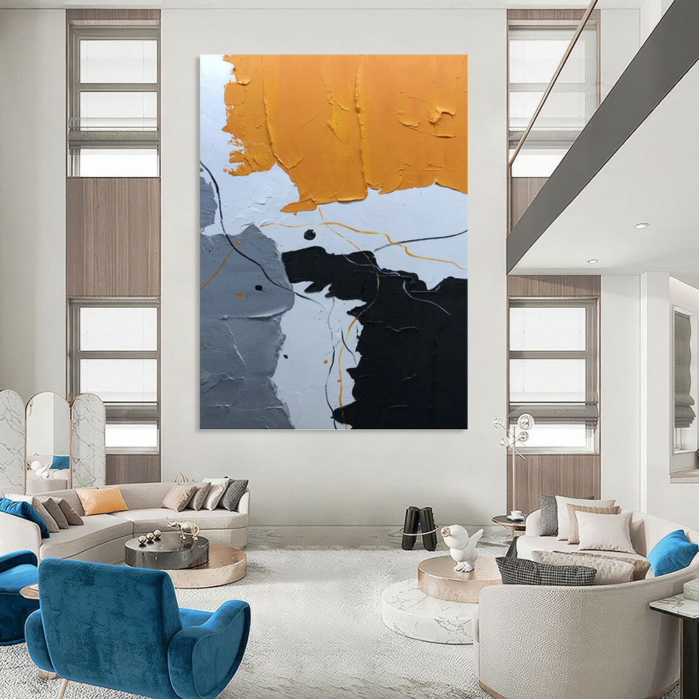 Orange, Gray, Black, and Line Abstract - Abstract Painting On Canvas DKH1334