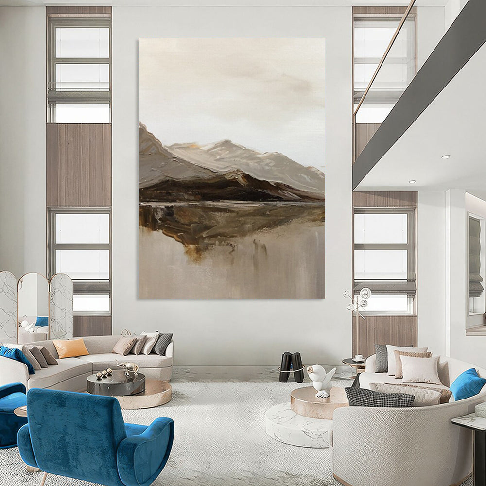 “Gray, Brown, White Mountain Reflection ‘Nature’s Mirror’” - Impasto Landscape Painting On Canvas DTP358