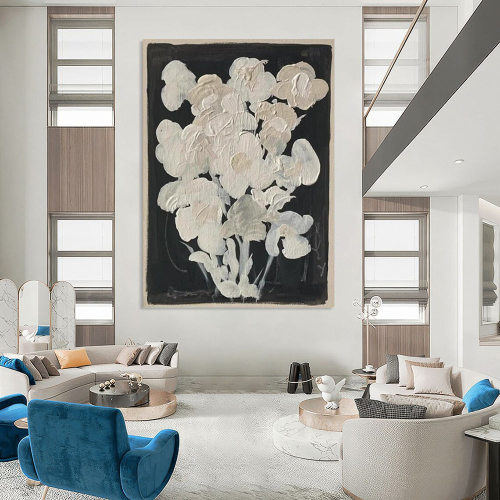 “White Flowers on Black” - Minimalist Floral Painting On Canvas DTP140