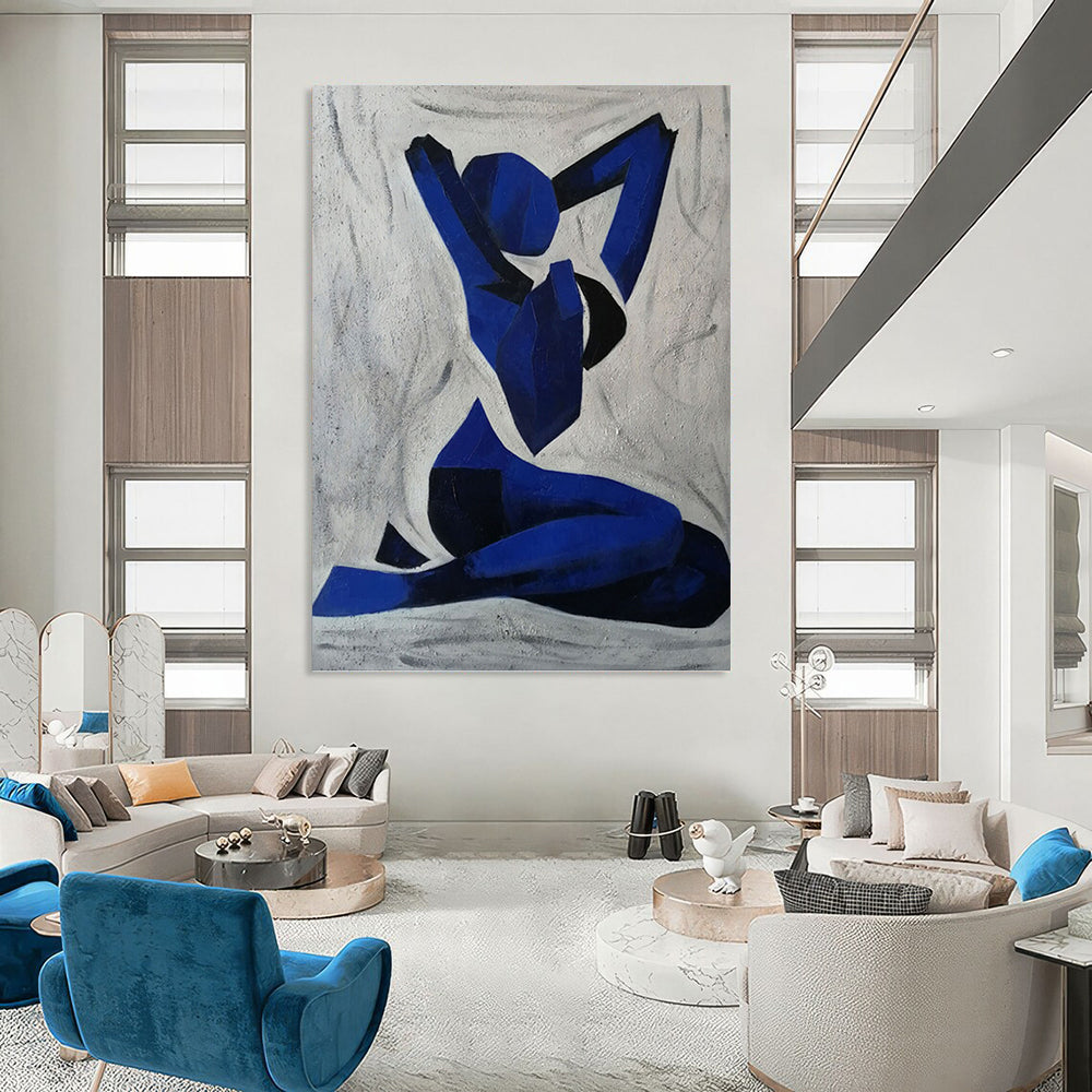 “Blue Figure” - Geometric Blue and Black Abstract Figure Painting On Canvas DKH1568