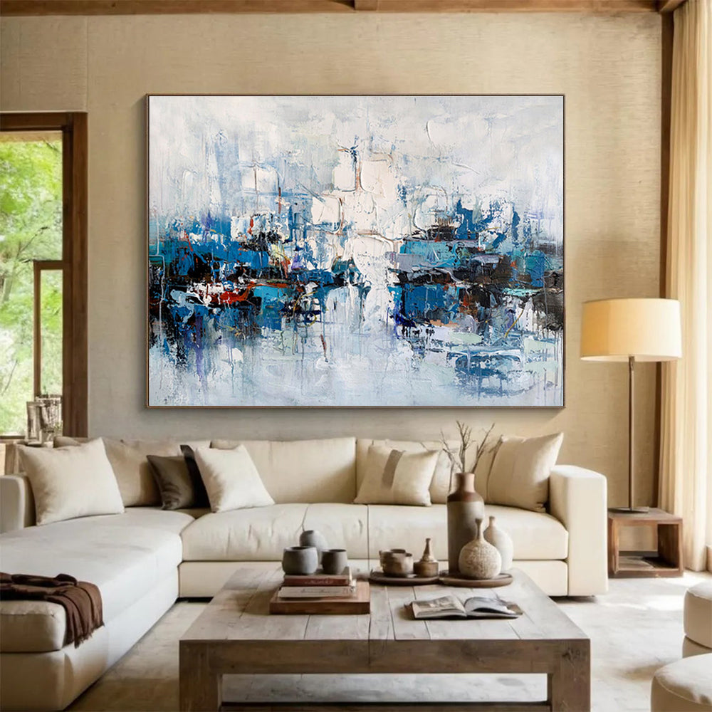 “Blue and White Abstract Harbor” Painting On Canvas DKH162
