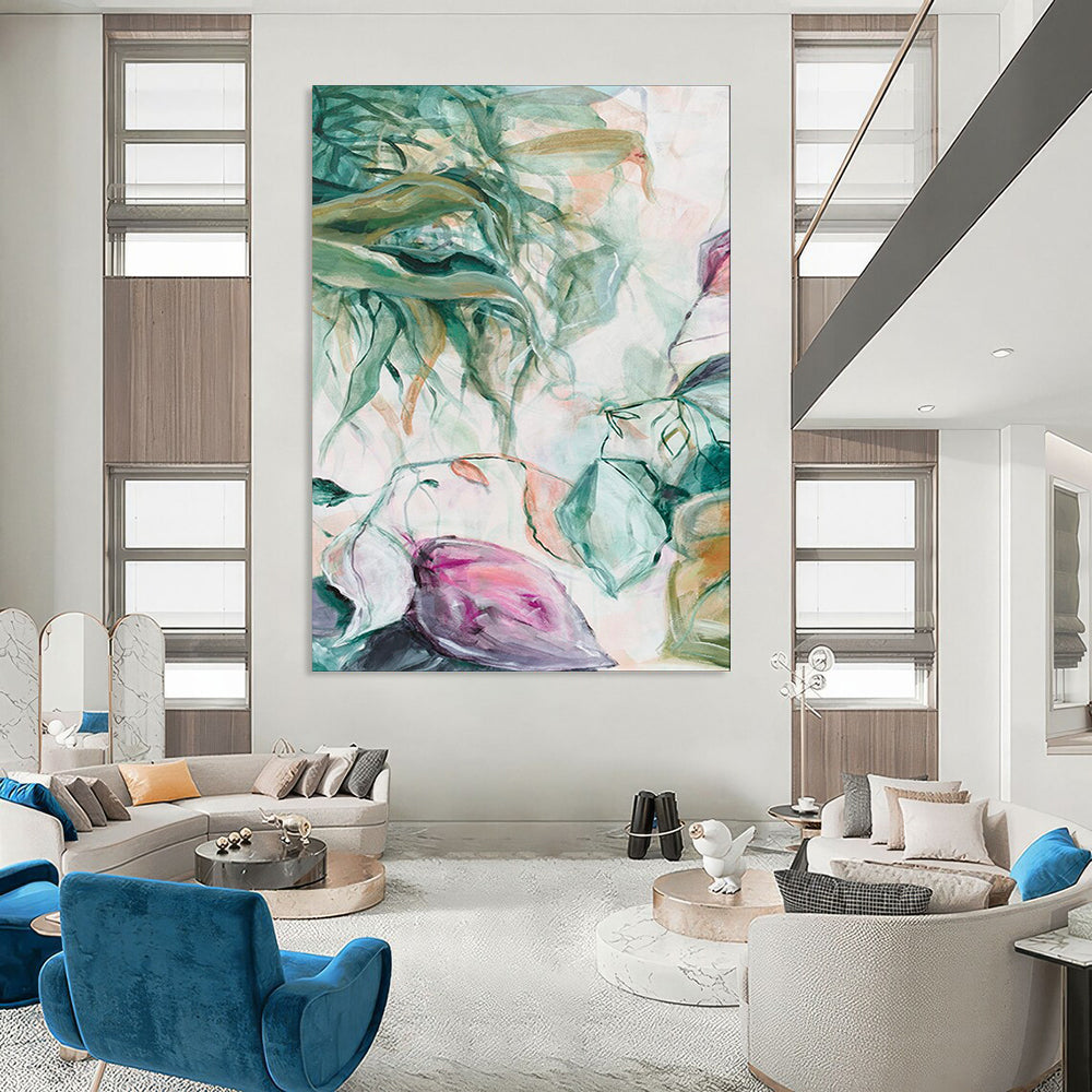 Green Leaves, Pink Blooms - "Dreamy Botanicals" - Abstract Floral Painting CT1850