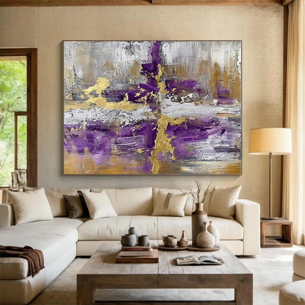 “Purple - Gold - Gray Abstract Cross” ,Abstract Acrylic Painting CT0846