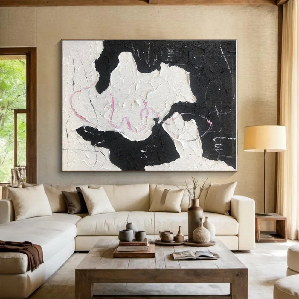 Black, White & Pink Textured Forms, “Playful Chaos” - Impasto Abstract Painting CT0773