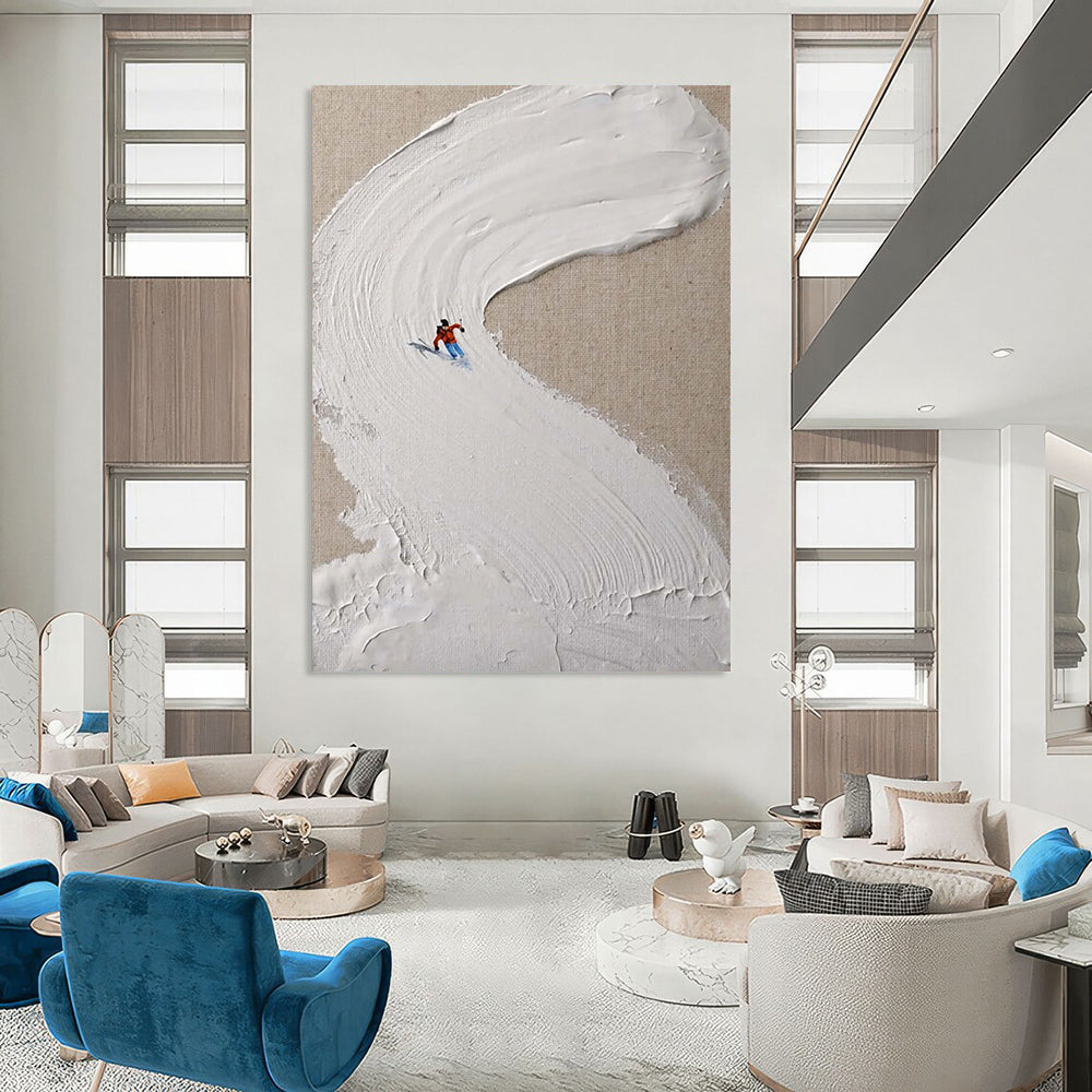 “White, Red, Blue Skiing Scene ‘Snowy Trail’” - Impasto Ski Landscape Painting On Canvas DTP311