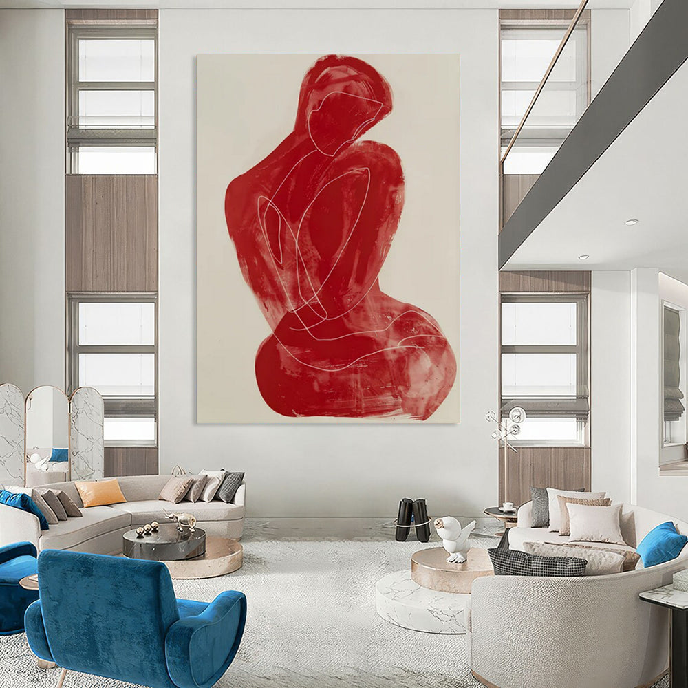 “Red Line Figure” - Minimalist Abstract Figure Painting On Canvas CT2228