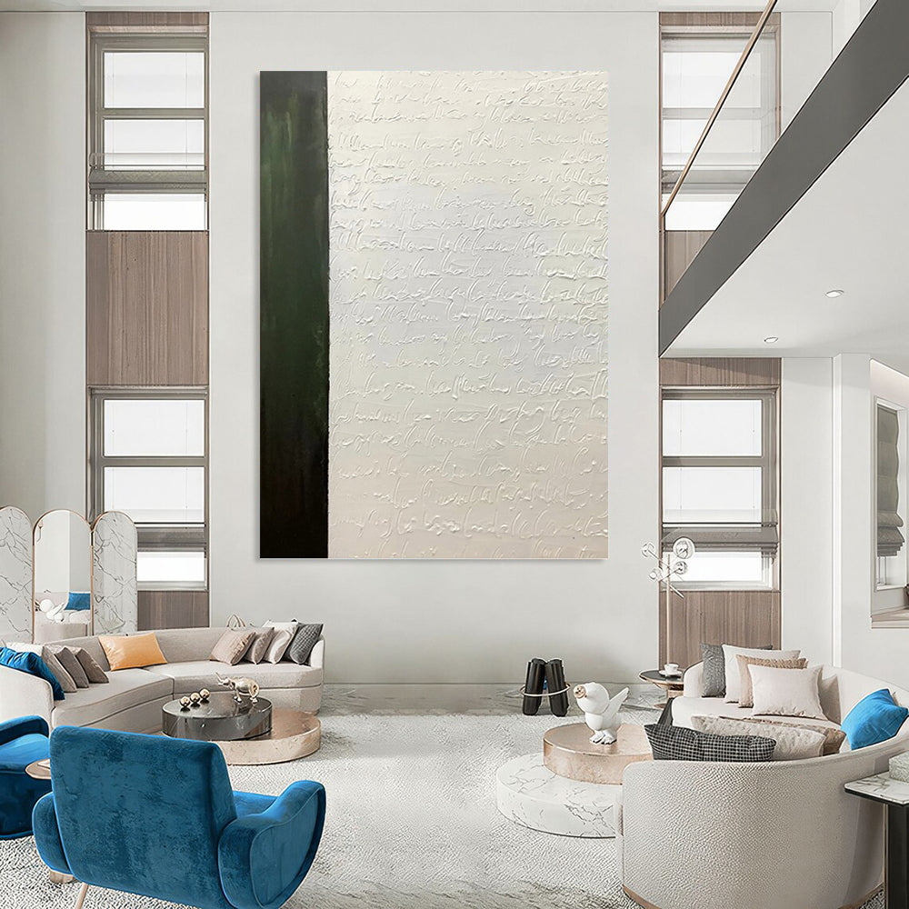 “Textured Script & Green” - White Calligraphy & Green Panel Painting On Canvas DKH1181