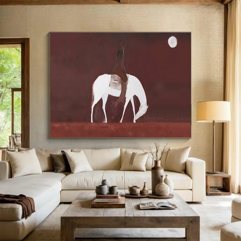 “Moonlit Rider in Rust” - White, Brown, Red Minimalist Figure Painting On Canvas DKH732