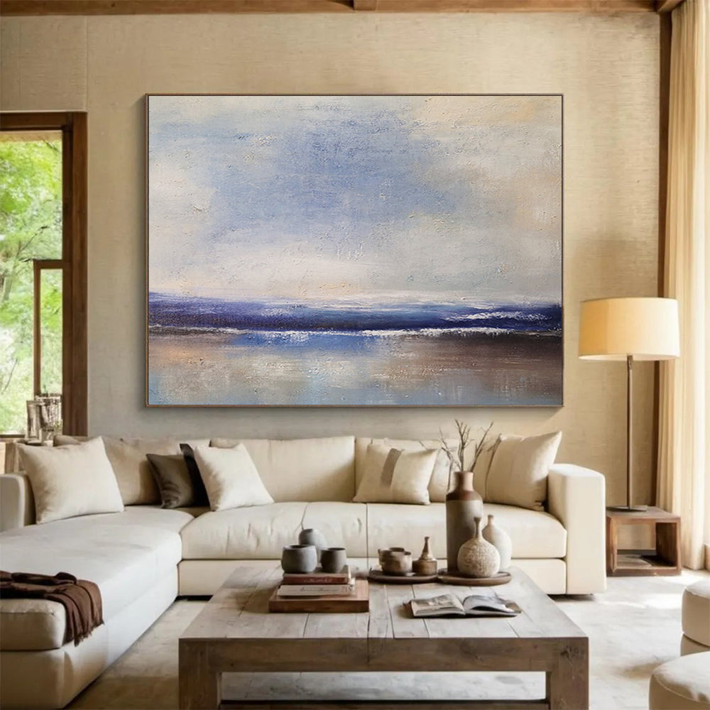 “Blue, White, Minimalist Shore ‘Quiet Beach Reflection’” - Minimalist Seascape Painting On Canvas DLZ037