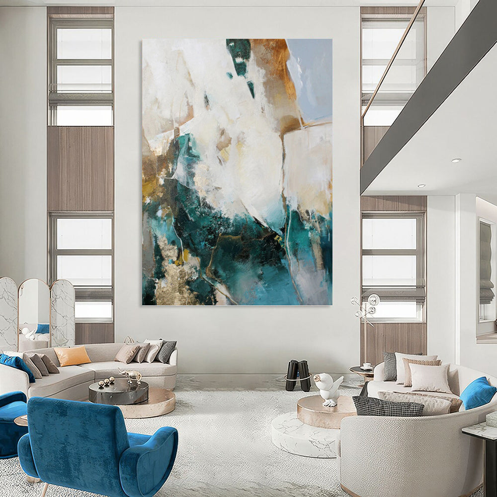 “Teal, Gold & White Abstract” - Teal, Gold & White Art Deco - Inspired Painting On Canvas DKH1013