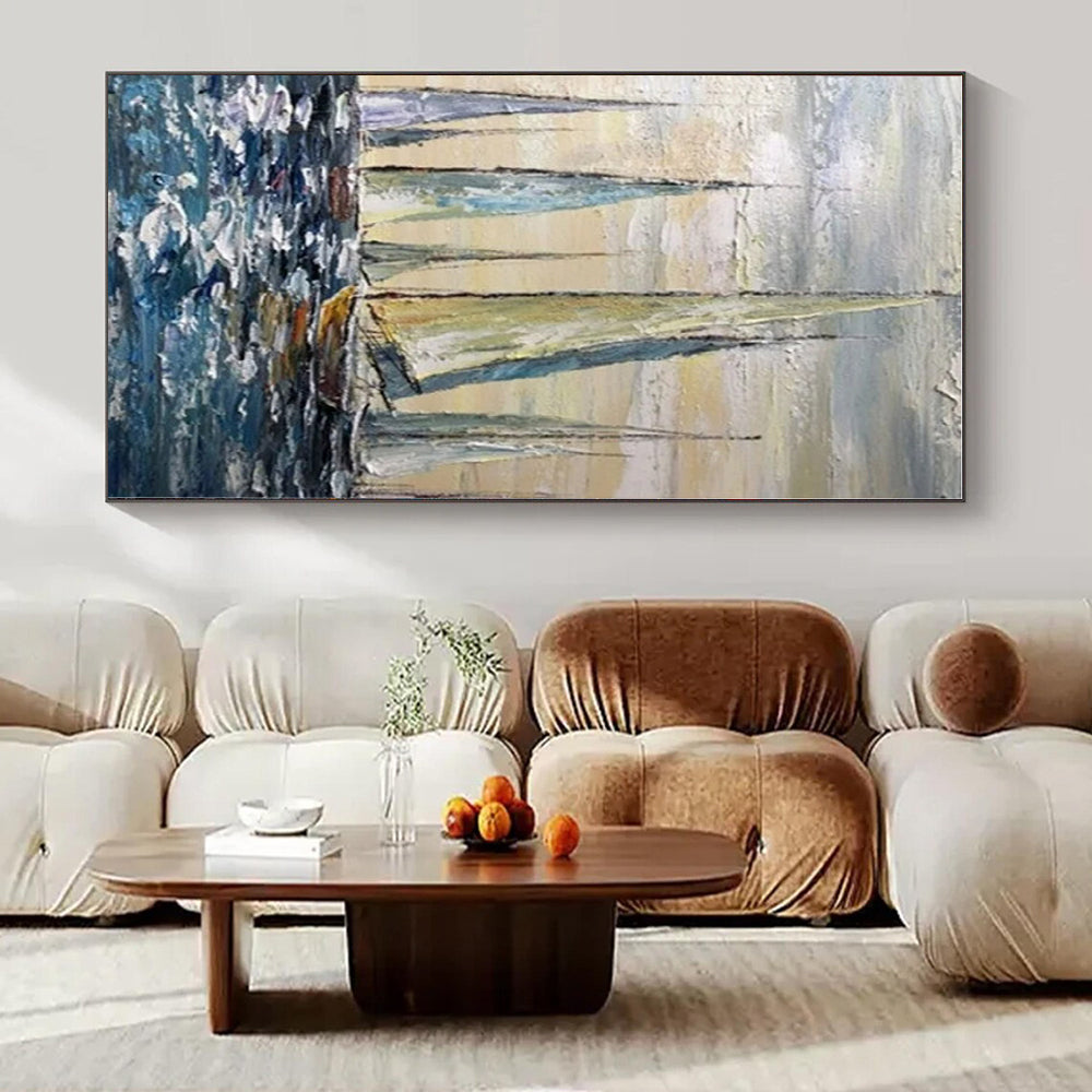 Colorful Sailboats on Blue Sea - Impressionist Oil On Canvas CT1302