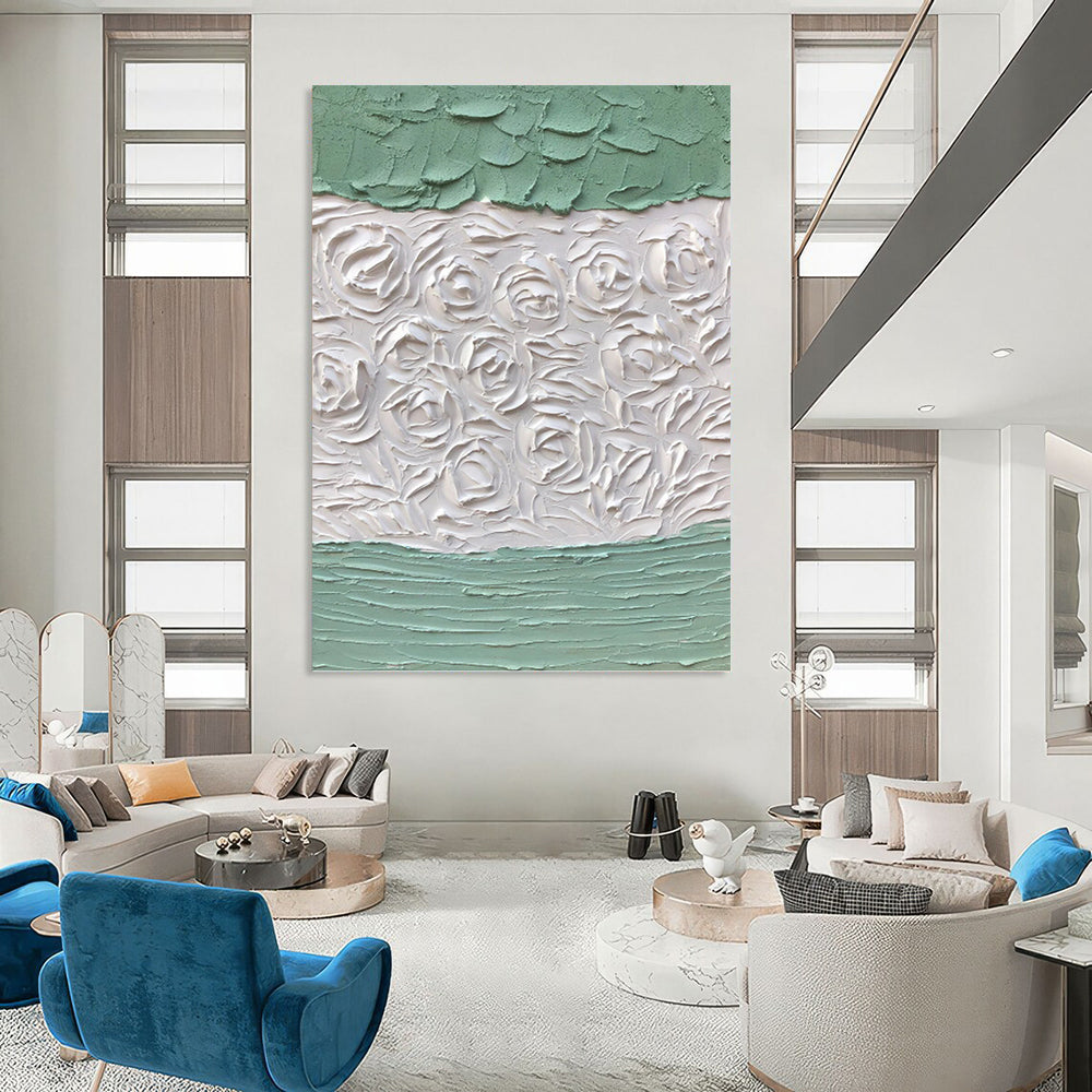 Textured White Roses on Green - Impasto Floral Painting On Canvas DKH1269