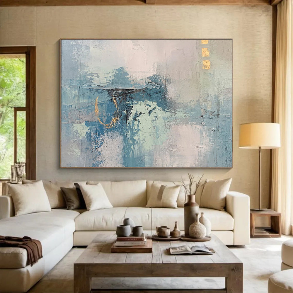 “Subtle Blue Abstract Layers” - Blue, Gray, Beige Minimalist Abstract Painting On Canvas DKH757