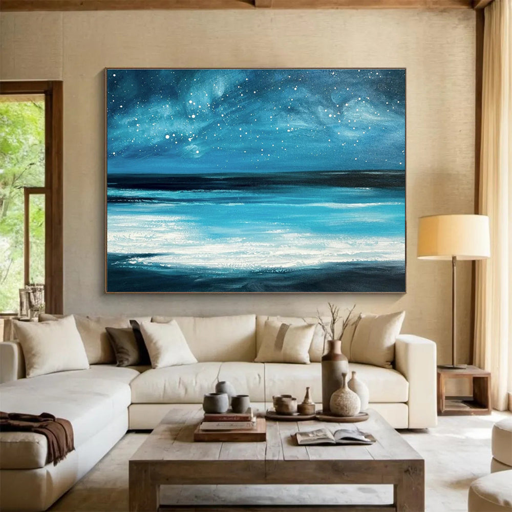 Vibrant Blue Galaxy and Ocean “Celestial Coastal Dream” Painting On Canvas DKH104