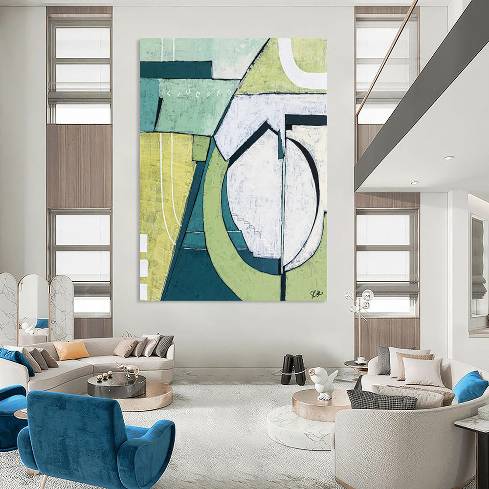 Mint and Olive Geometric Abstraction - A Calm, Structured Vision Painting On Canvas CT2375