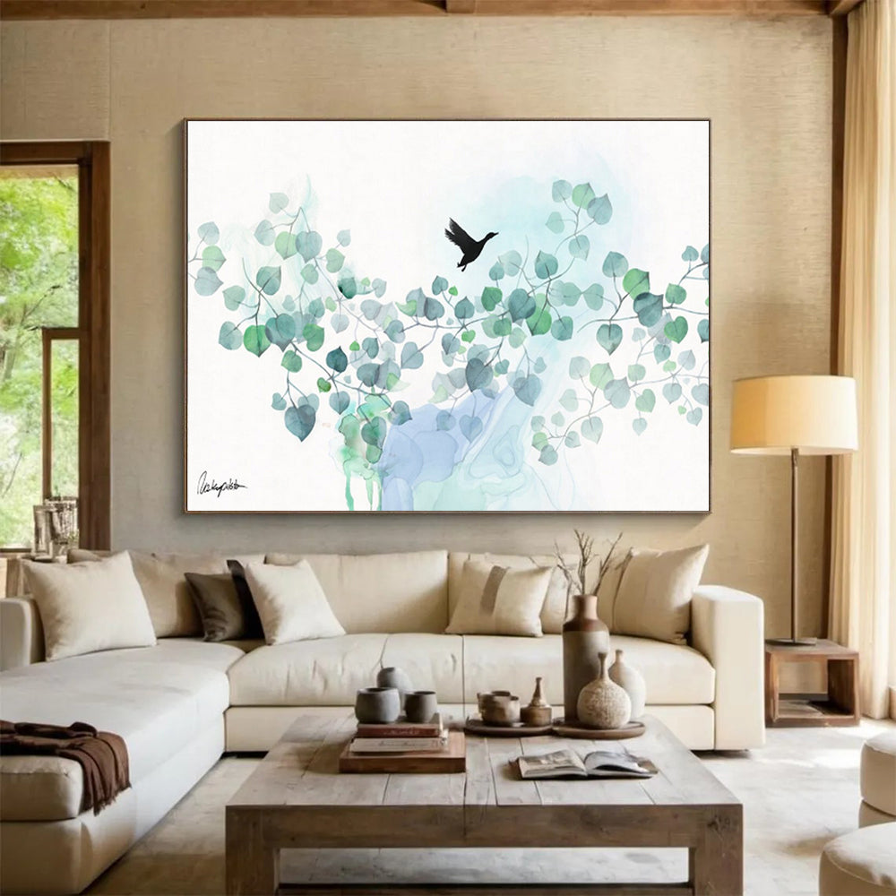 “Minimalist Bird and Foliage” Watercolor - Style Nature Painting On Canvas DKH539