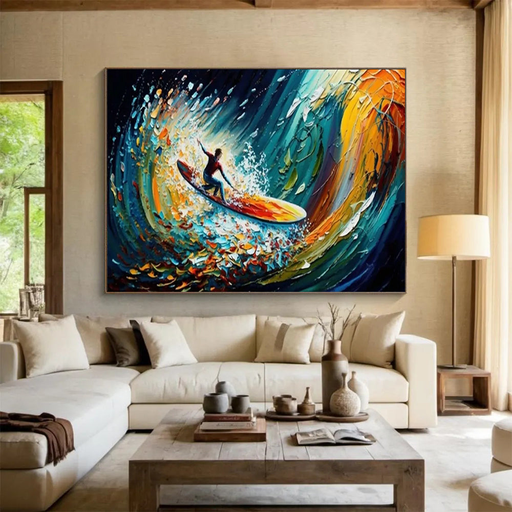 “Surfing the Color Wave” - Vibrant Multicolor Impasto Action Painting On Canvas DLZ259