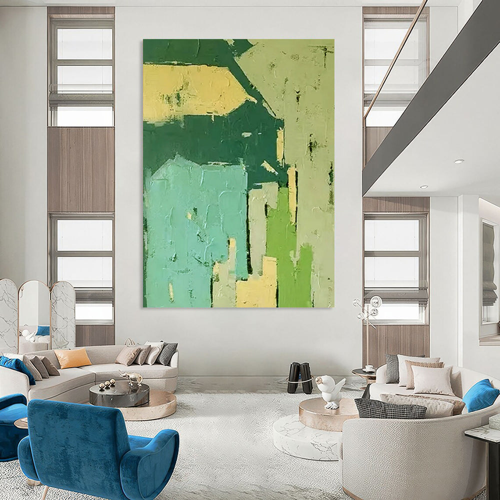 Green & Blue Geometric Blocks - Geometric Abstract Painting On Canvas CT2276