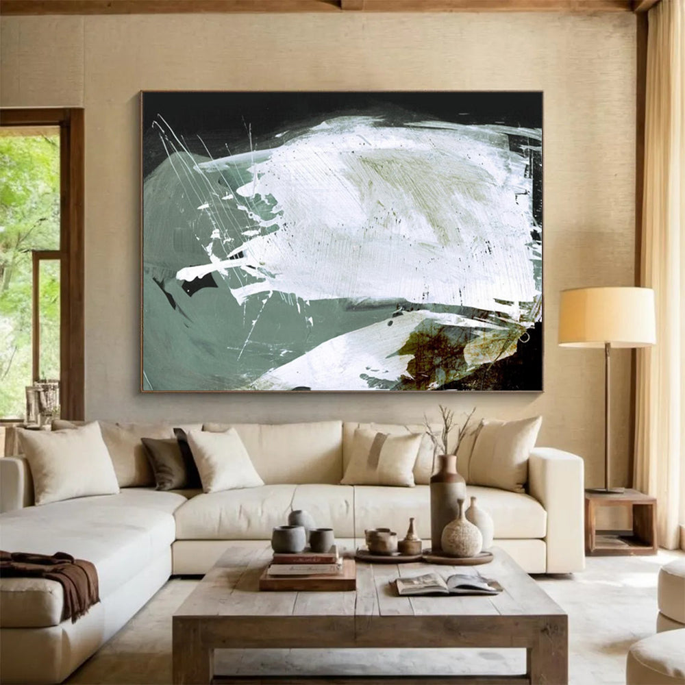 “Dynamic White and Green Strokes” Abstract Expressionist Painting On Canvas DLZ133