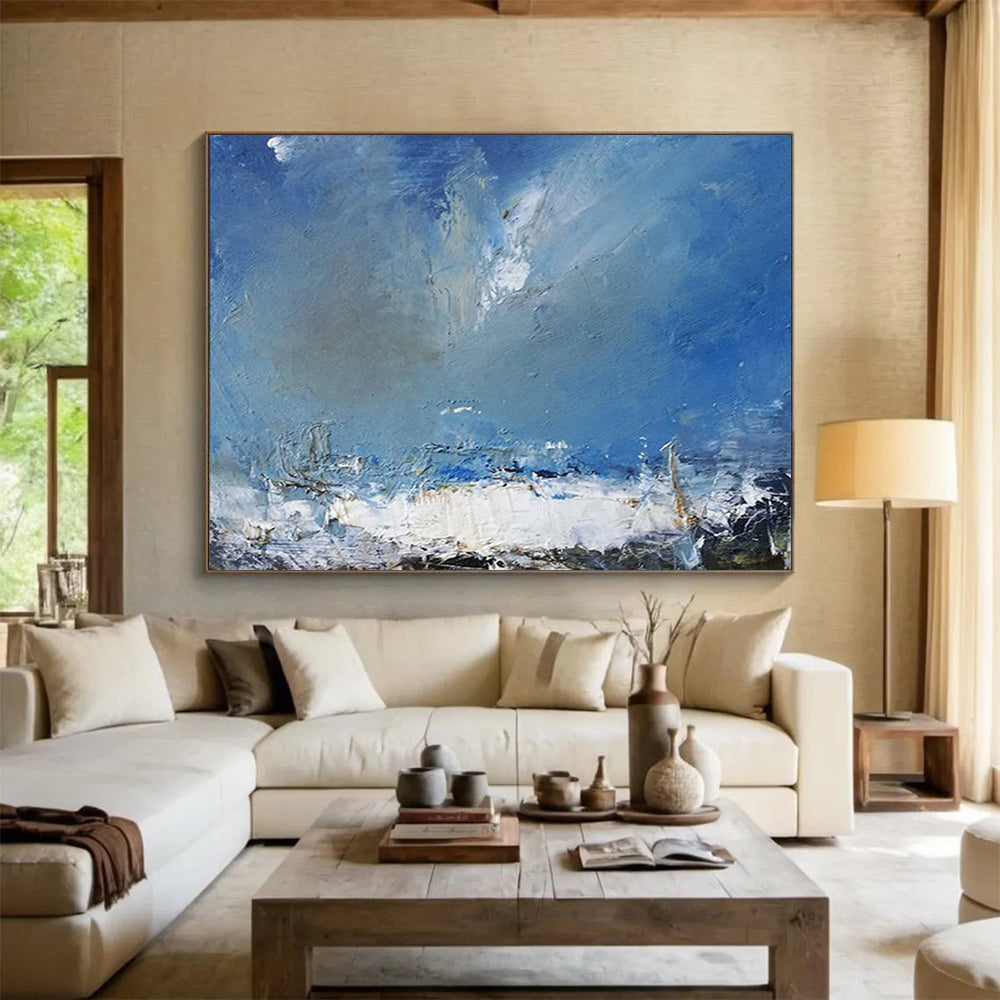 “Blue, White, Textured Seaside ‘Rough Coastal Sky’” - Impasto Seascape Painting On Canvas DLZ031