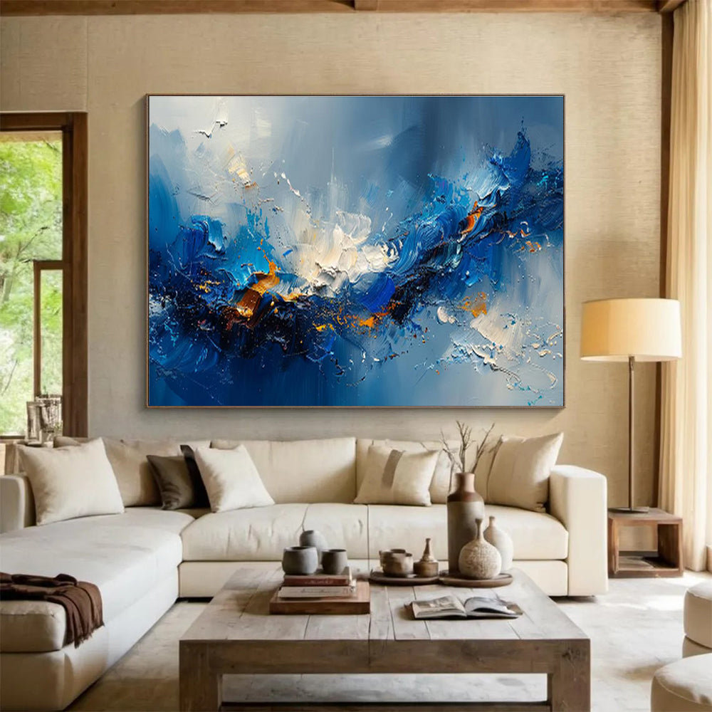 “Blue Surge” - Blue, White, Orange Abstract Action Painting On Canvas DKH704
