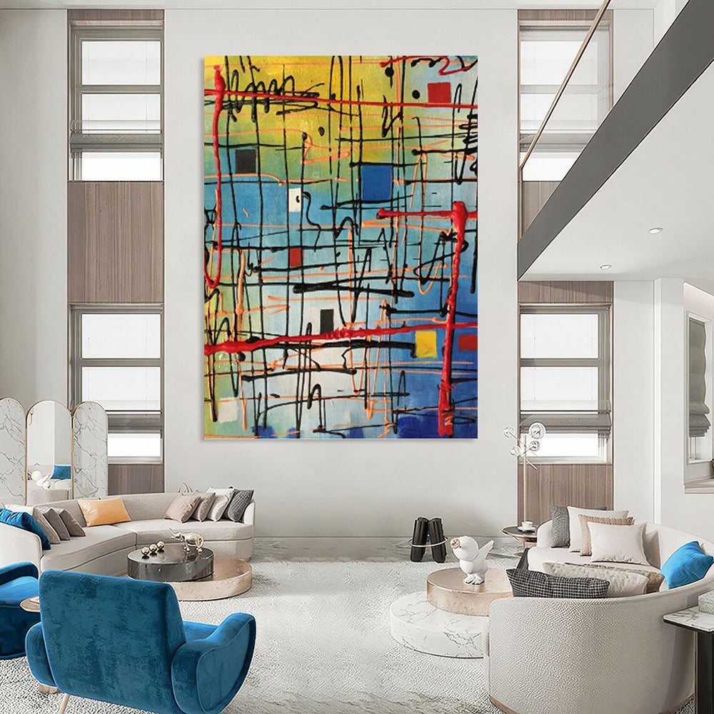 “Colorful Grid Energy” - Multicolor Geometric Abstract Painting On Canvas DKH1582