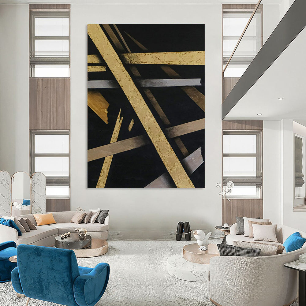 “Gilded Geometric Abstract - Gold, Silver, and Black” Painting On Canvas CT2388