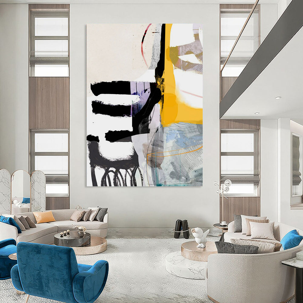 “Black, Yellow, Purple & White Collage - Style Abstract” - Abstract Painting On Canvas CT2313