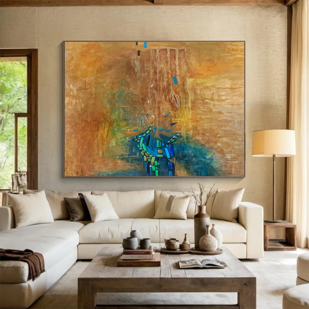 “Brown, Blue & Green Abstract Cascade” Abstract Surrealist Painting On Canvas DKH388