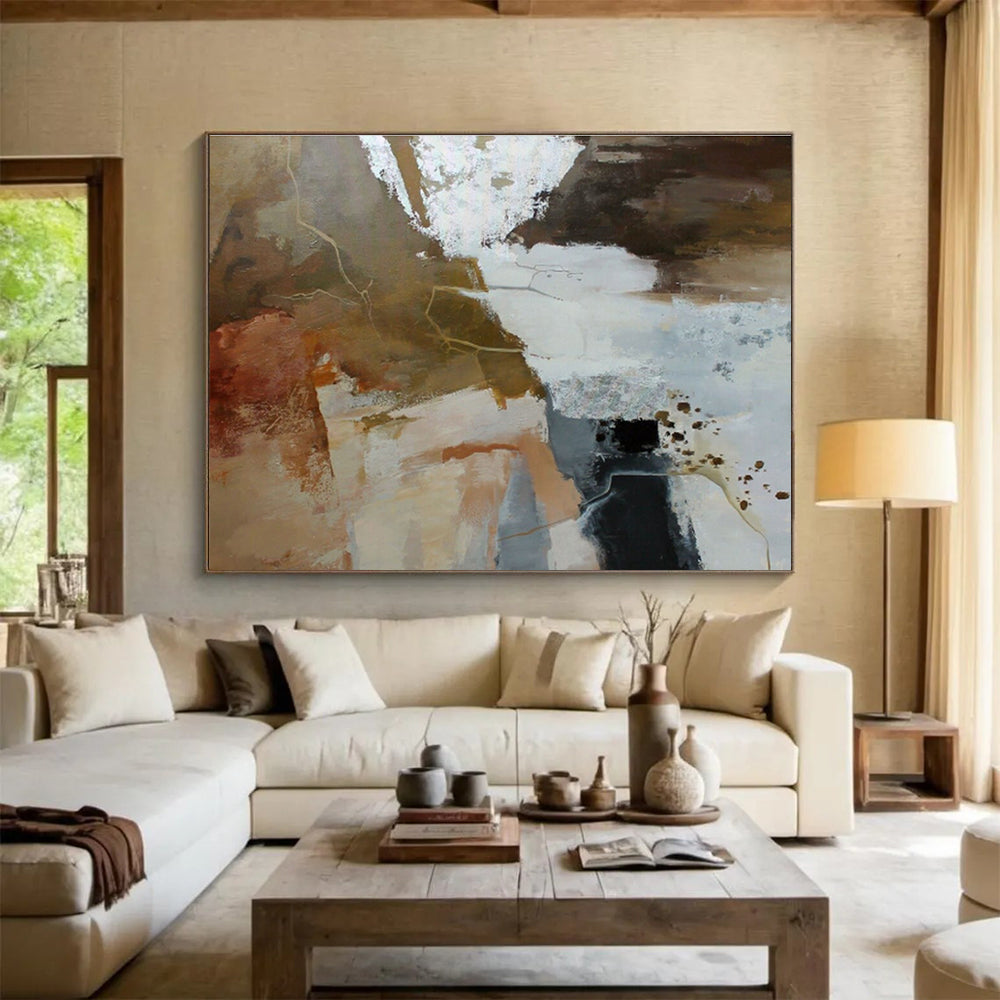 Brown, White, and Gold Abstract “Earthy Luxe Abstraction” Painting On Canvas DKH133