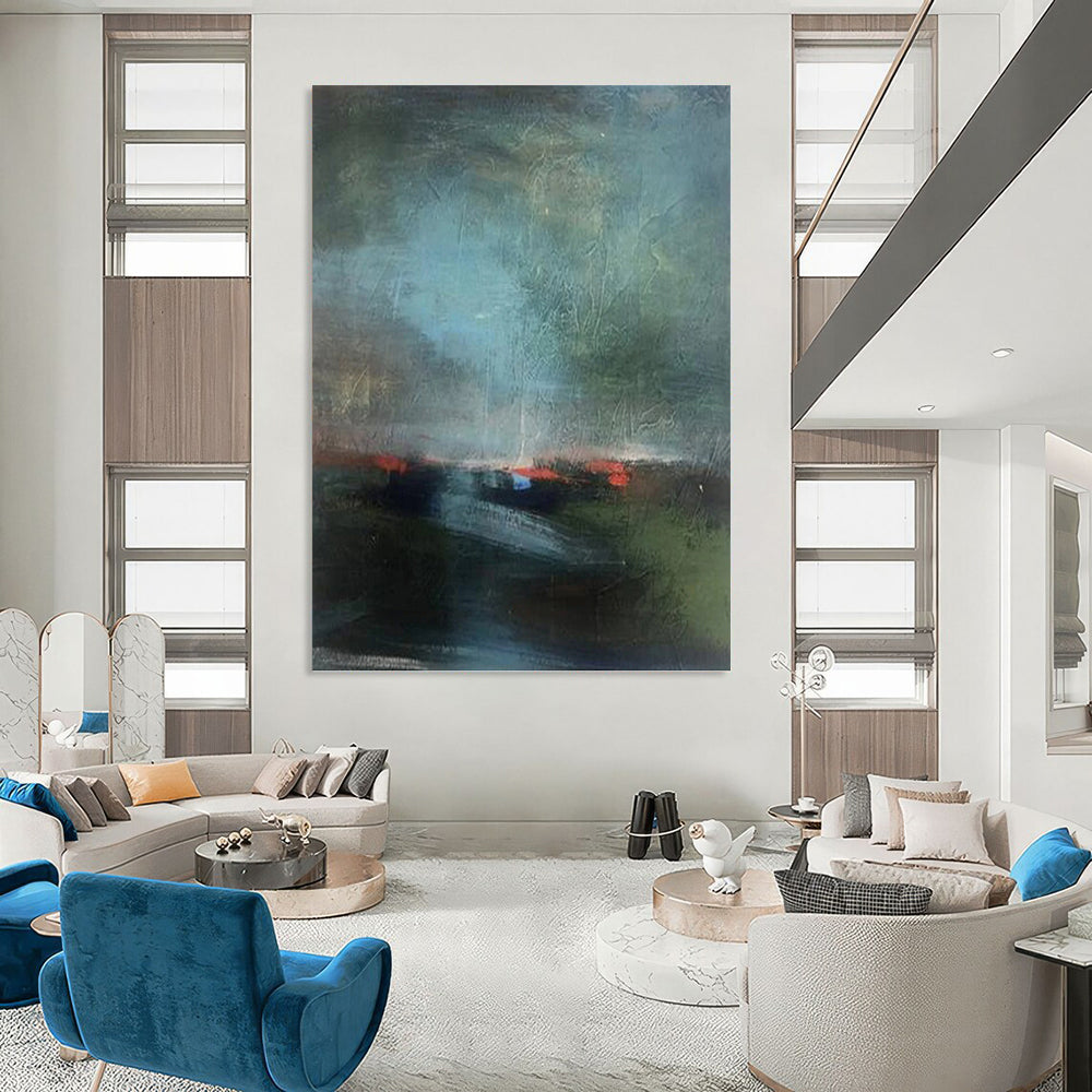 Misty Landscape in Muted Greens and Blues - Abstract Landscape Painting On Canvas DKH1408