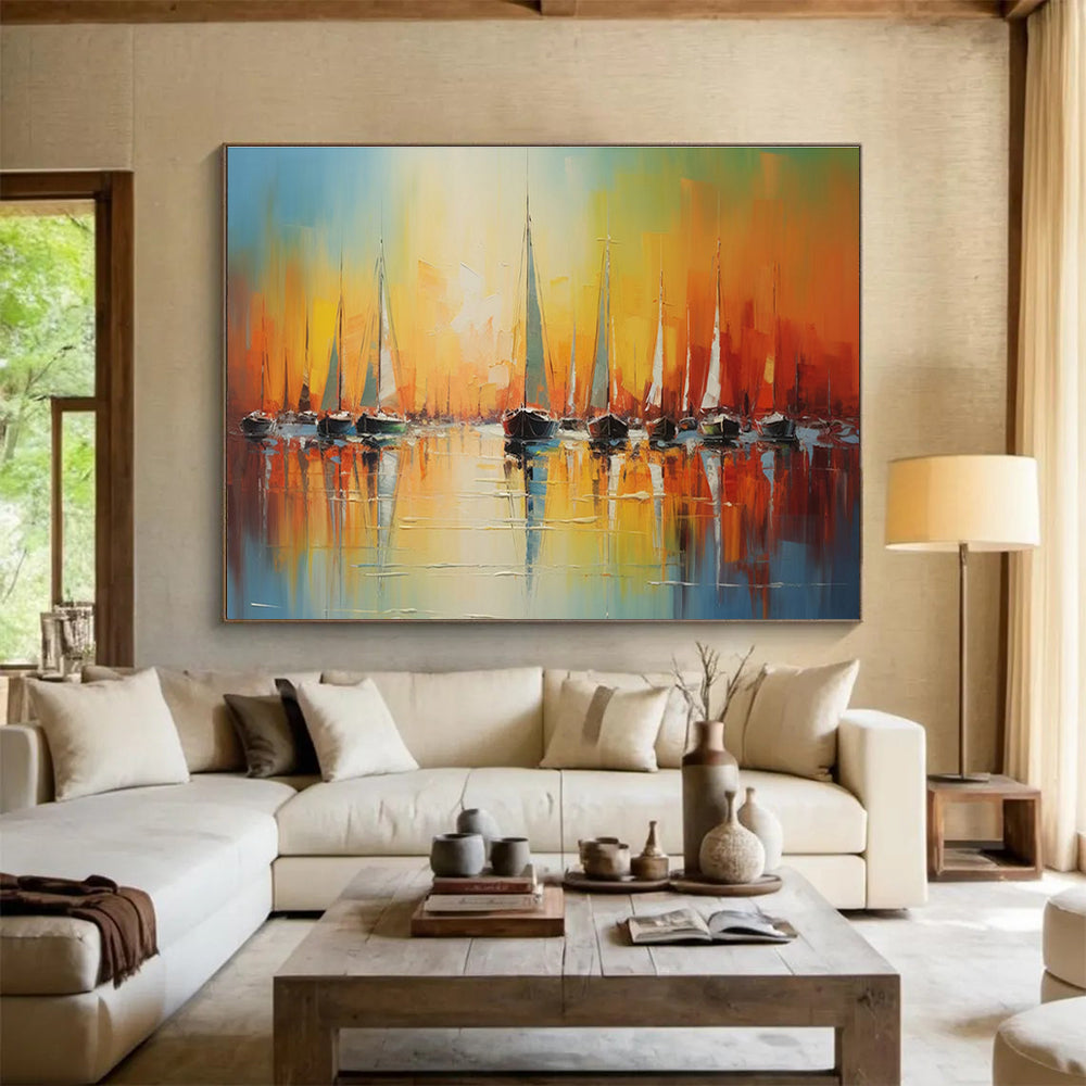 “Sunset Harbor - Vibrant Orange & Blue Sailboats Painting On Canvas” DKH864