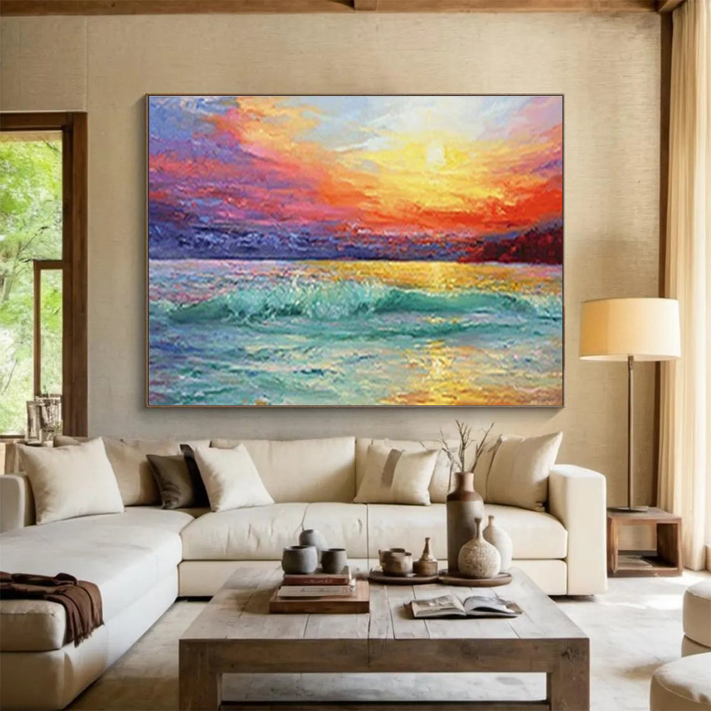 Vivid Sunset Seascape - Orange, Pink & Teal Ocean Painting On Canvas DKH892