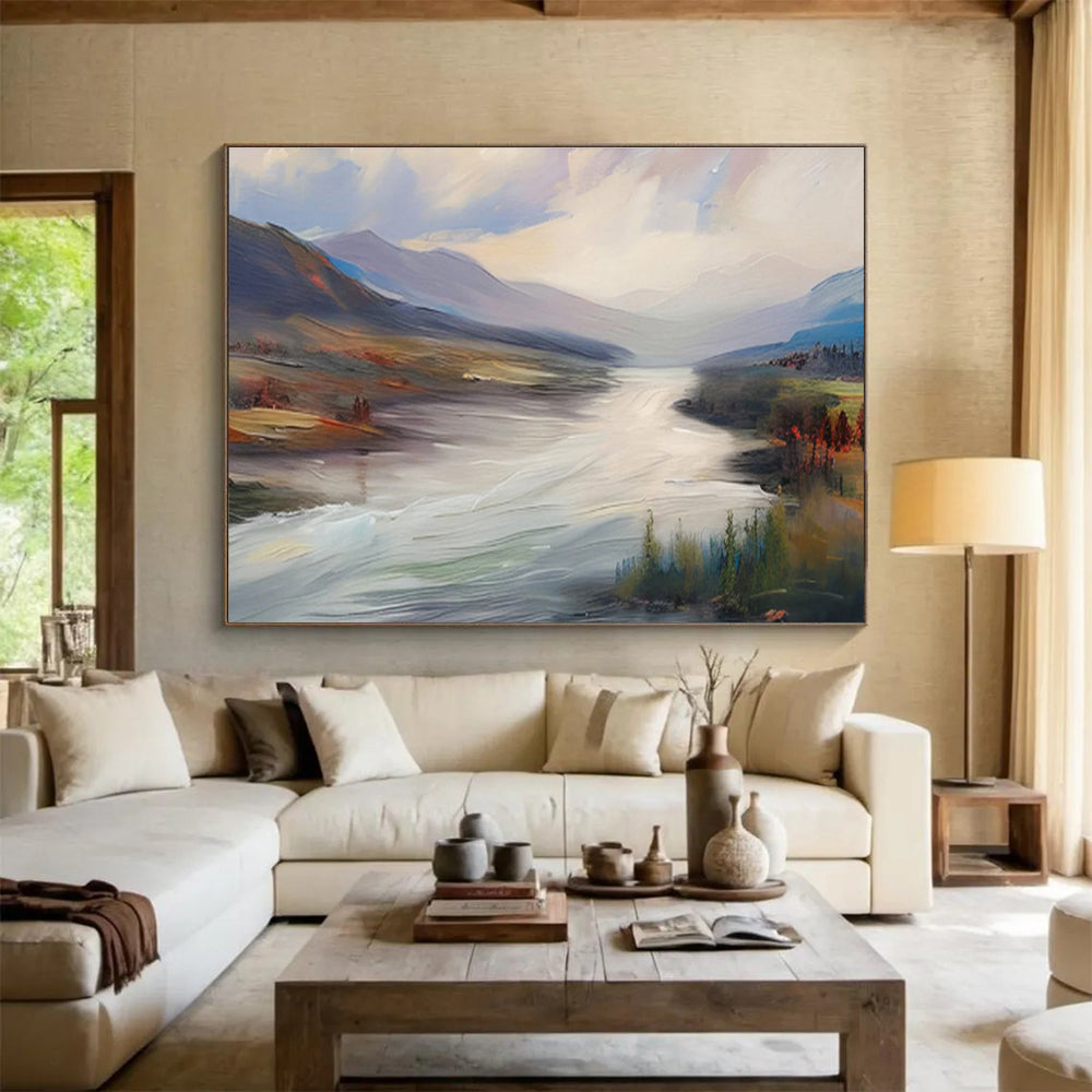 “Flowing River Landscape” - Blue, Gray, Brown Landscape Oil Painting On Canvas DKH726