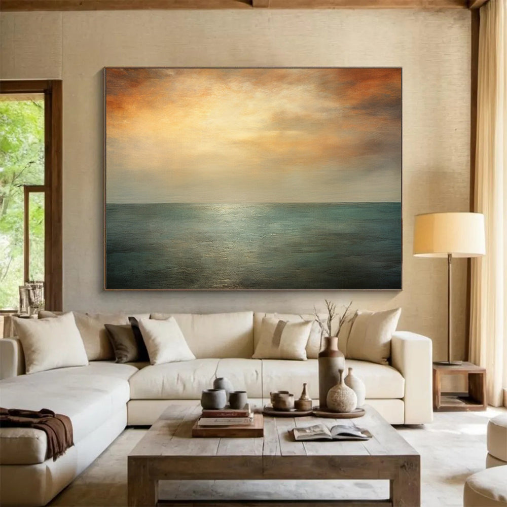 “Orange, Teal, Gray Seaside ‘Eternal Sunset’” - Abstract Seascape Painting On Canvas DLZ010