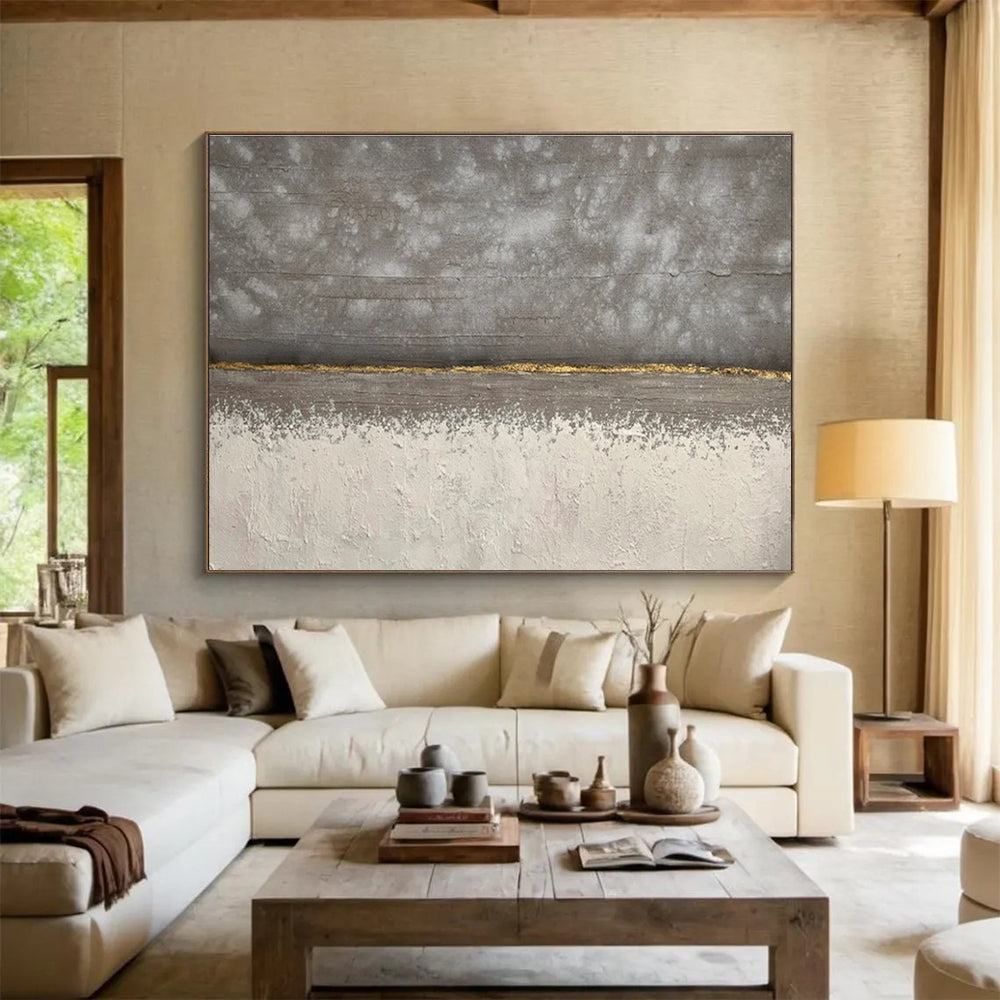 Concrete Elegance Gray and Gold Minimalist Painting On Canvas DKH172