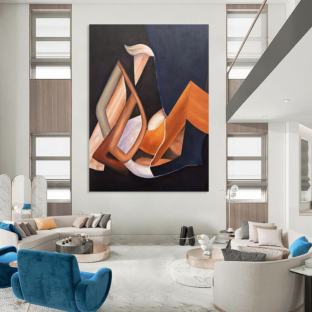 “Warm Geometric Abstraction” - Brown, Orange & Purple Cubist - Inspired Painting On Canvas DKH0927