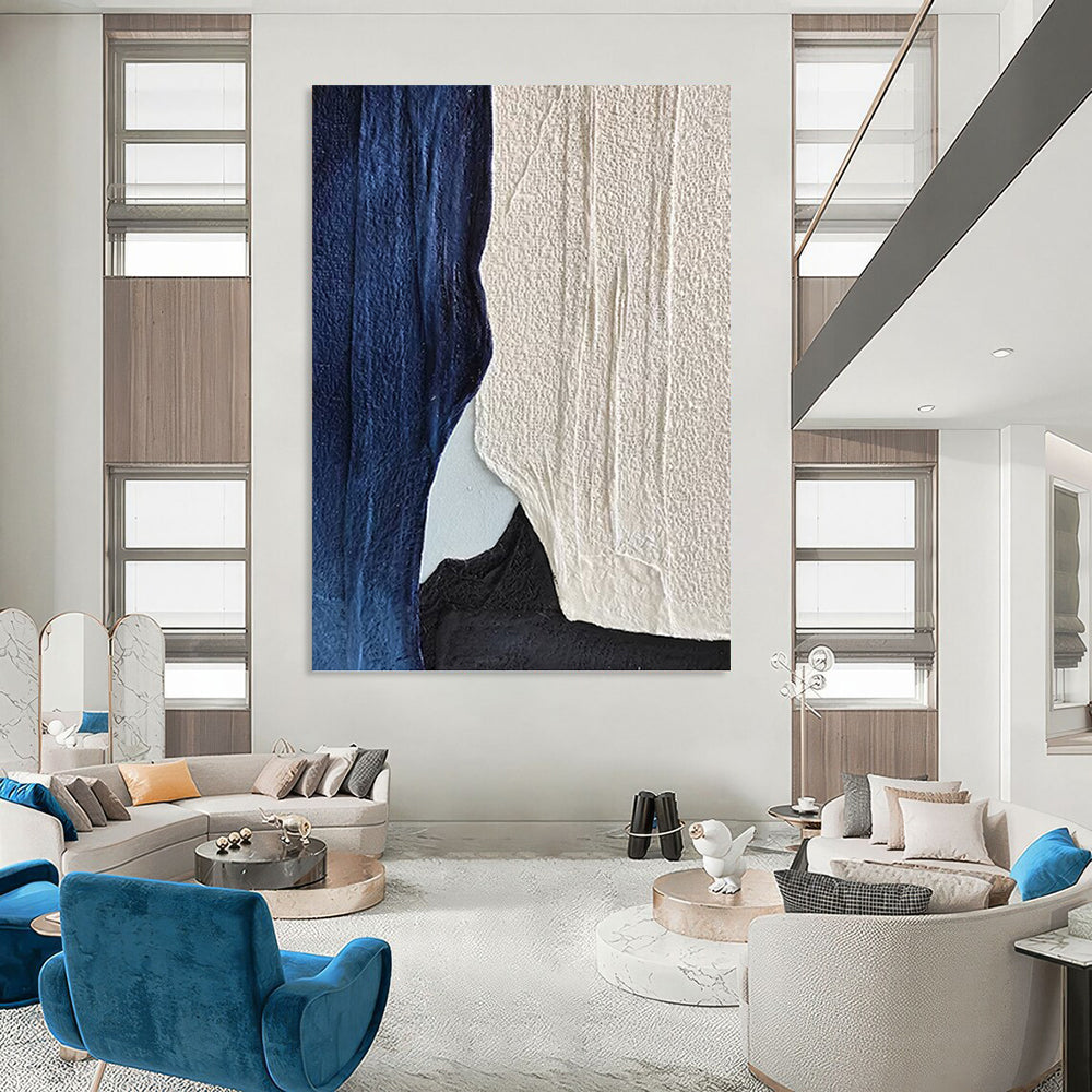 “Indigo & Ivory” - Indigo, Ivory & Black Textured Abstract Shapes Painting On Canvas DKH1547