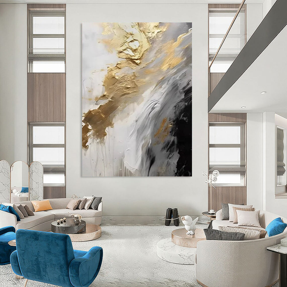 “Gold - White - Gray Flowing Abstract” - Gold, White, Gray Fluid Abstract Painting On Canvas DTP302