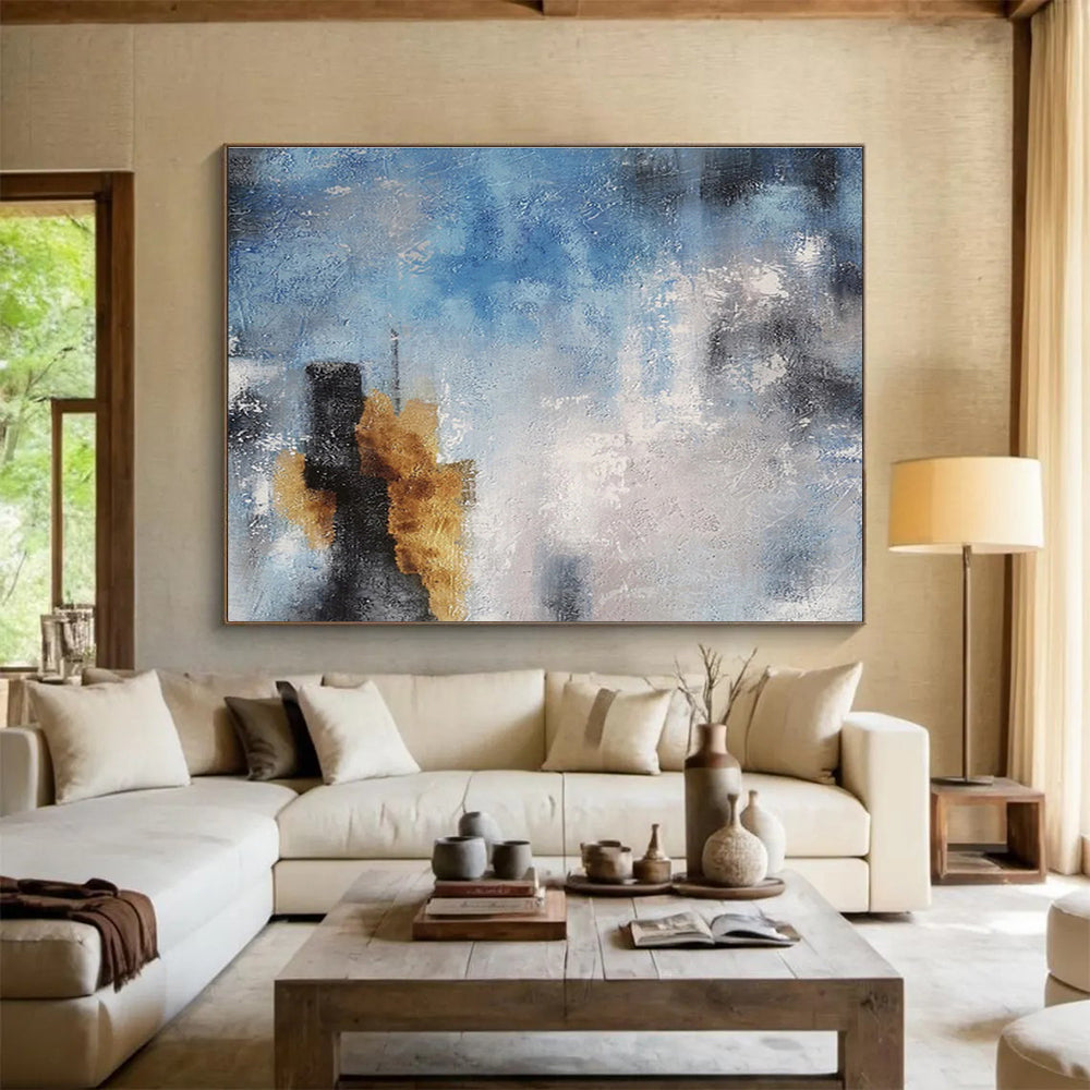 Blue And Gray Abstract With Golden Accents Painting On Canvas DKH653