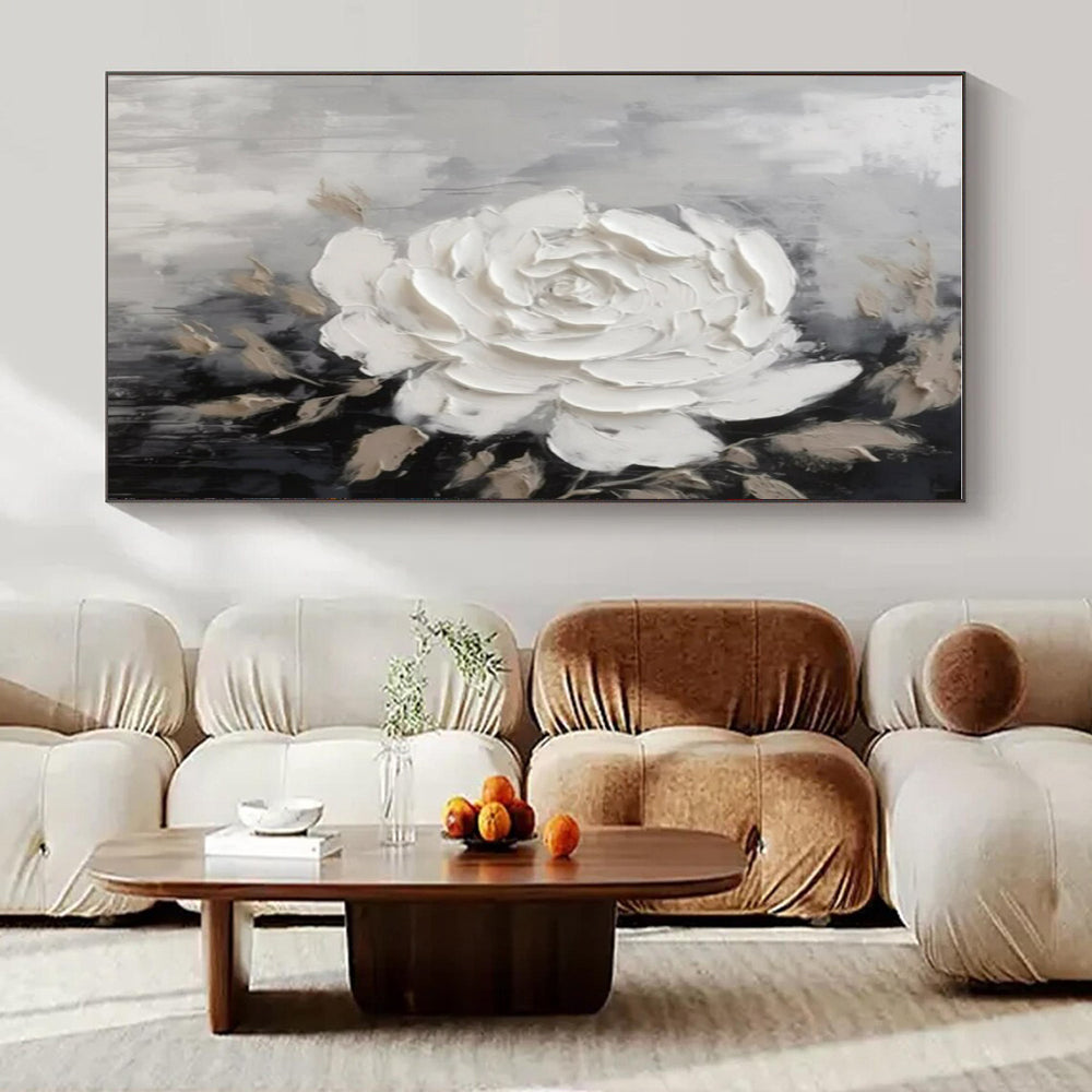 Grey, Black & Beige with Textured White Rose - "Elegant Bloom" - Impasto Floral Painting CT1466