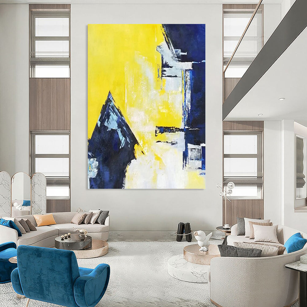 Vibrant Yellow, Blue & White Geometric Abstraction - Abstract Painting On Canvas CT2304