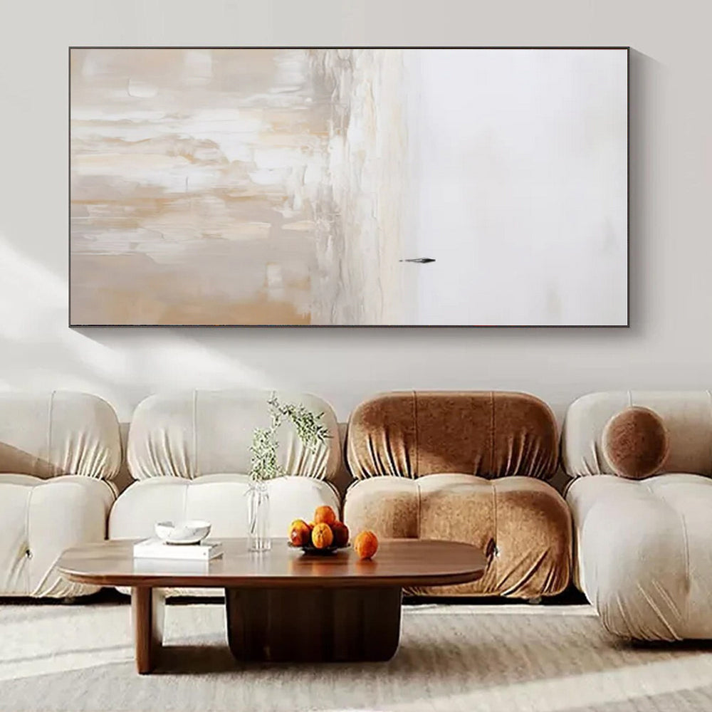 Solitary Figure on Beige Horizon - Minimalist Abstract Oil On Canvas CT1312