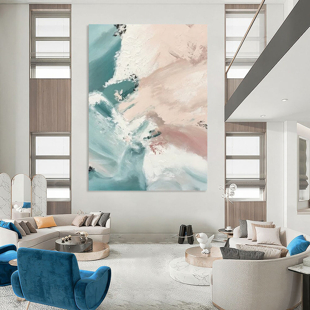 “Blush - Teal Flow” - Blush, Teal, White Fluid Shapes Painting On Canvas DTP277