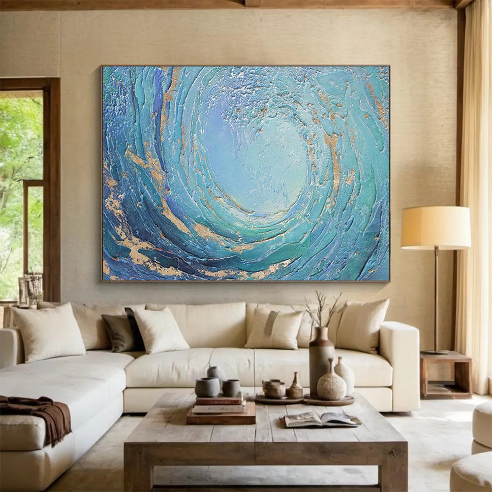 “Swirling Ocean Gold” - Blue, Teal & Gold Textured Wave Painting On Canvas DLZ254