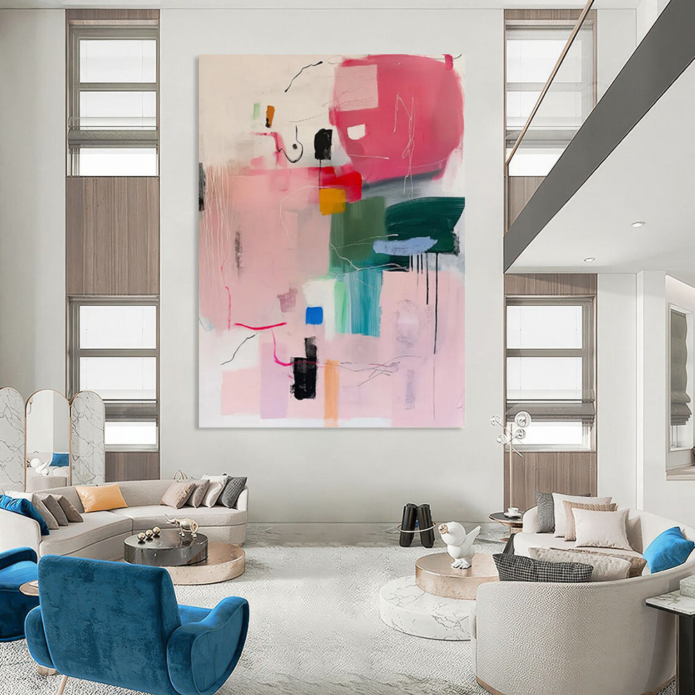 “Pink - Dominant Abstract Composition” - Pink, Green, Blue & Yellow Modernist Painting On Canvas DKH0998