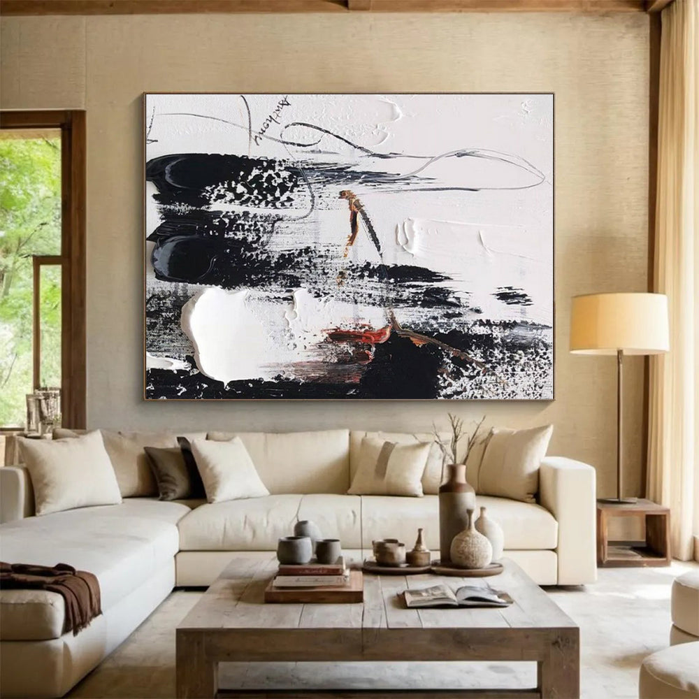 “Black - White - Red - Gray Expressive Strokes” ,Abstract Acrylic Painting CT0793