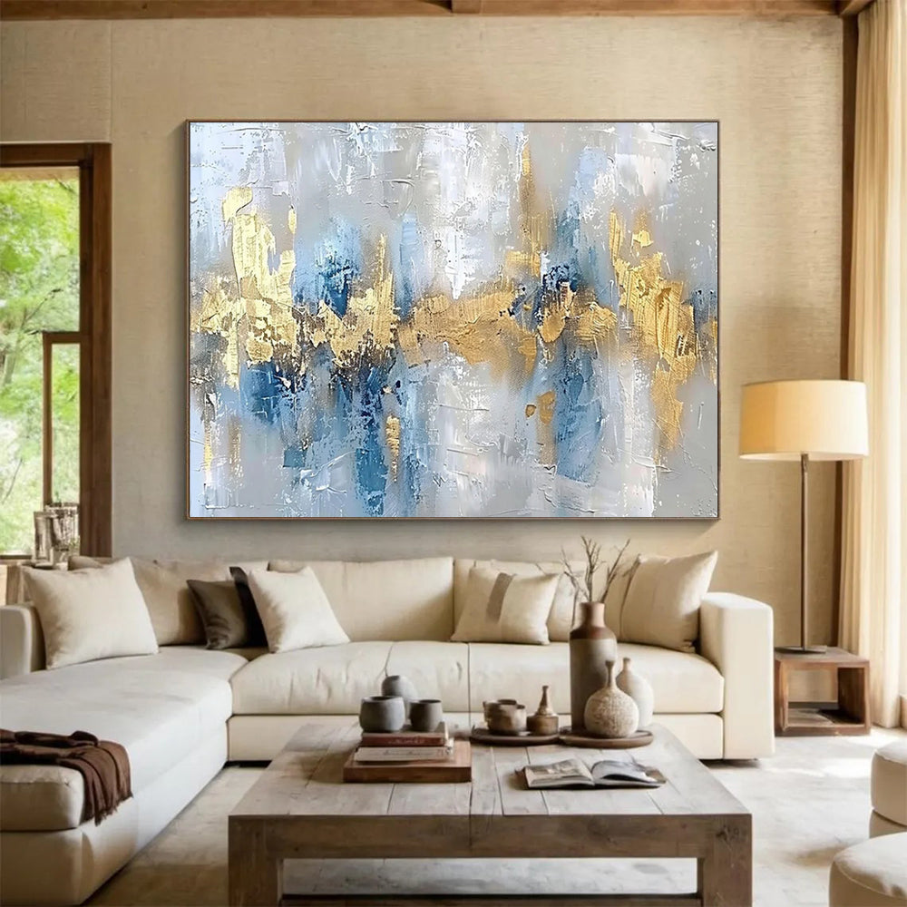 “Blue, Gold, Abstract ‘Coastal Glamour’” - Textured Abstract Painting On Canvas DLZ046