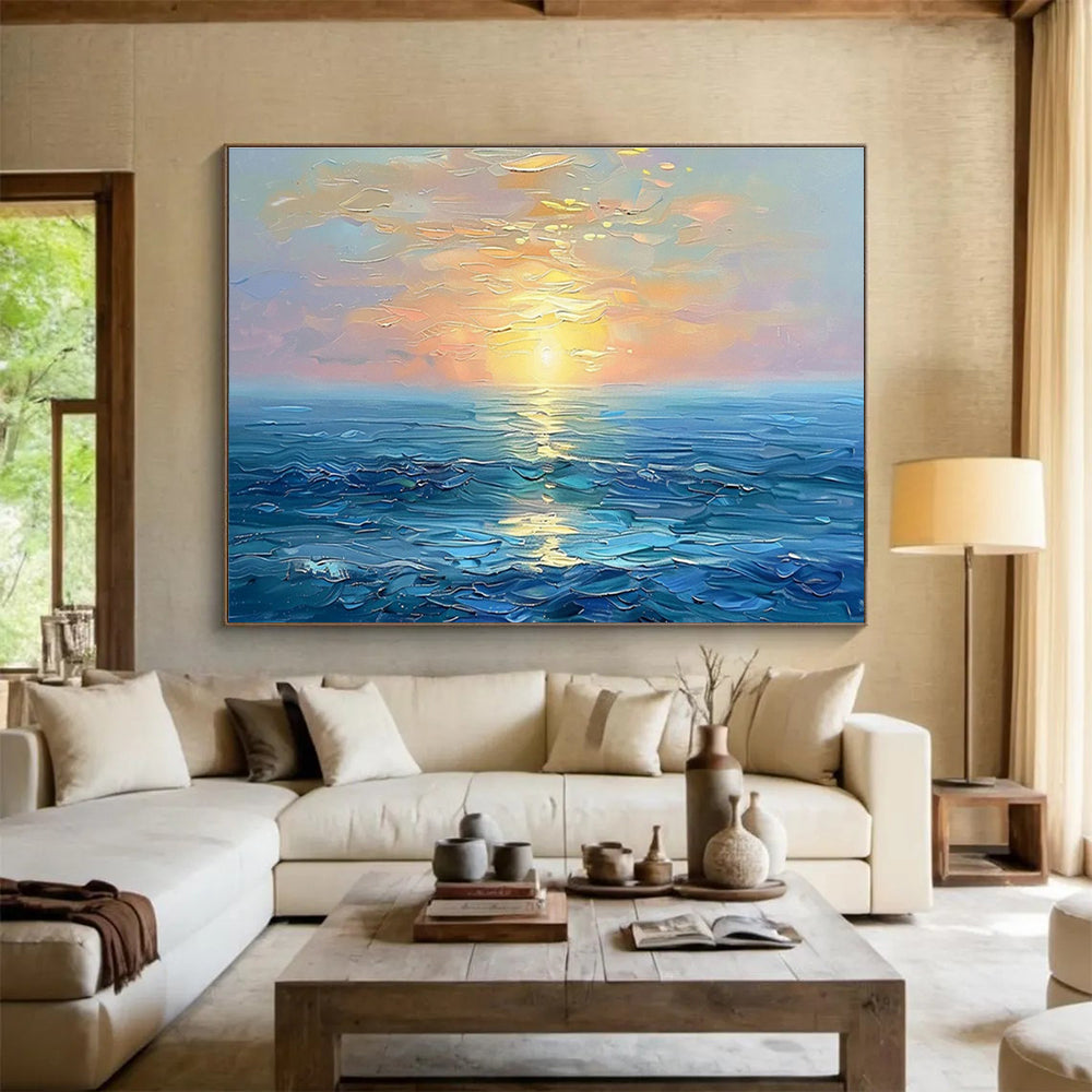 “Sunset Over the Sea” - Blue, Orange, Yellow Impressionistic Seascape Painting On Canvas DKH767